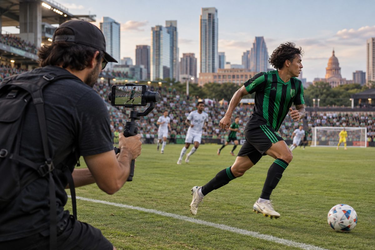 Touchline videographer using a vertical camera gimbal to track soccer action.
